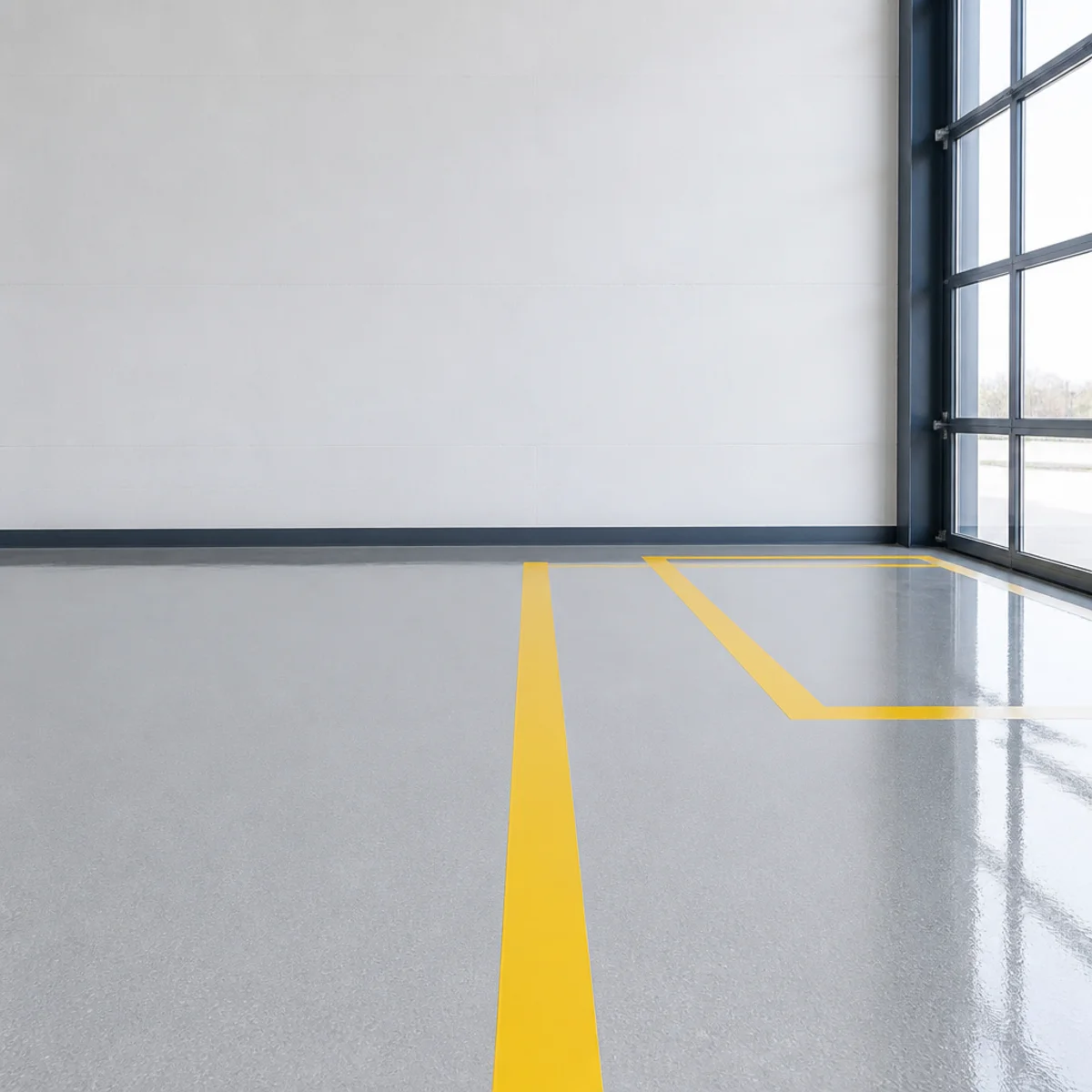 Safety striping on an epoxy warehouse floor