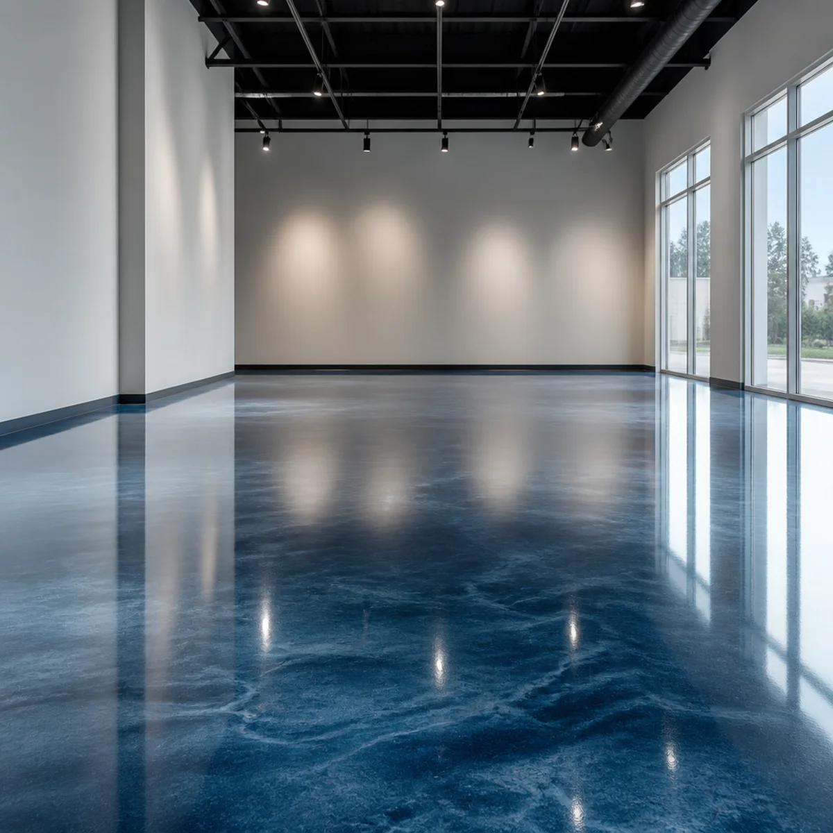 Polished and coated retail floor reflecting light