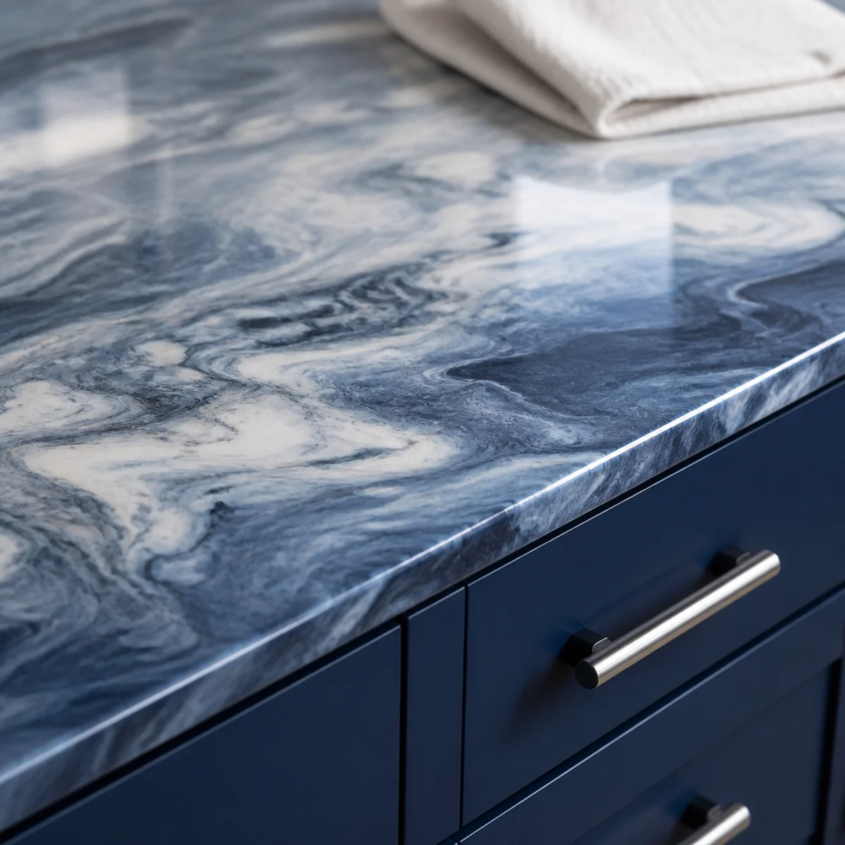 Custom marble-look epoxy countertop in a modern kitchen