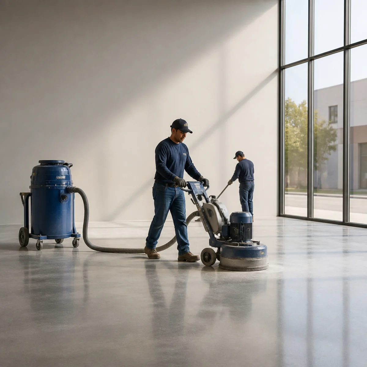 A professional crew prepping a commercial concrete floor